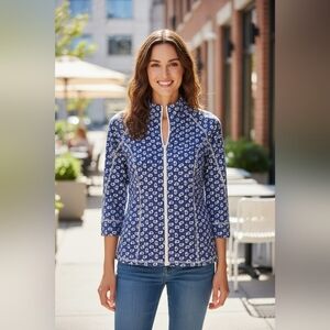 Weekends By Chico's -NWT Blue Paisley Zip Up Jacket W/3/4 Sleeves Pockets,Size 0